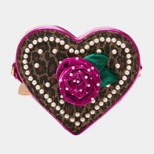 Betsey Johnson Pink Heart Crossbody Bag with leopard print.